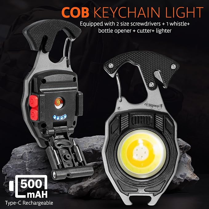 GUARDMAN Fathers Day Gift for Dad – Multitool Survival keychain Tool, LED Flashlight, Carabiner, Fire Starter, Screwdriver, Whistle, Bottle Opener – Camping & Outdoor Multi Tool Gear - 30 Pack
