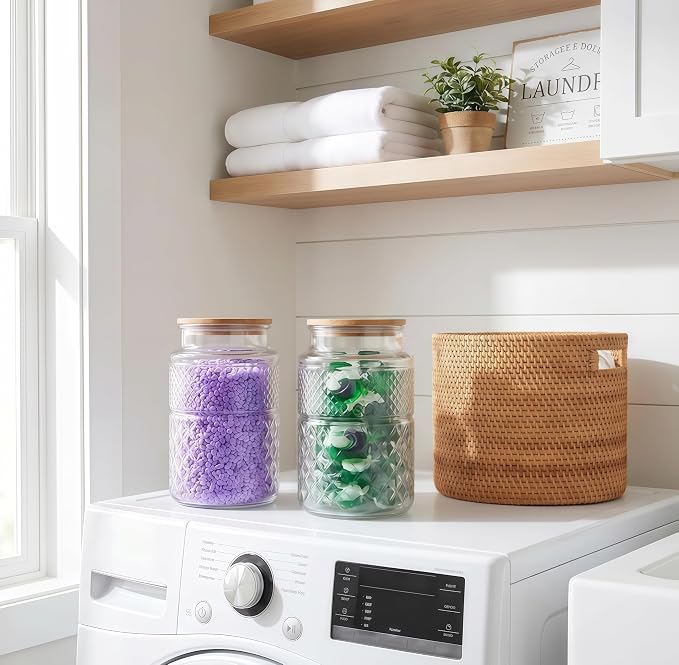 Prettidecor 60 FL OZ Large Glass Storage Jar with Bamboo Lid 2 Pack | Kitchen Laundry Room Organization Jar for Cookies Coffee Flour Sugar Laundry Pods Detergent Airtight Glass Jars