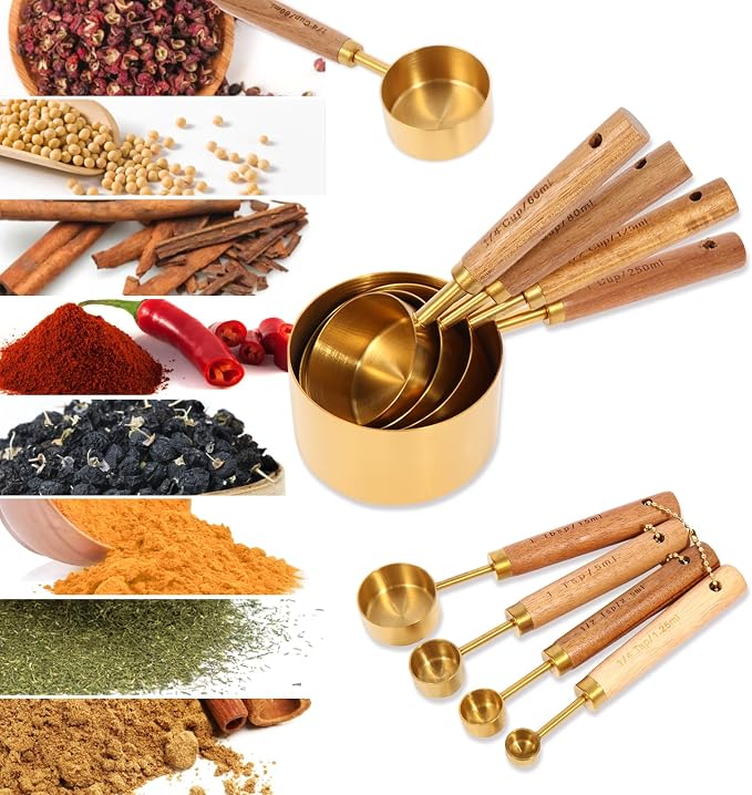 Gold Measuring Cups and Spoons Set with Fragrant Wood Handles, Premium Stainless Steel Measuring Spoons and Measuring Cups Set, For Cooking and Baking in the Kitchen (8 Piece) | Premium Stainless Steel, Dishwasher safe, Precision Measuring Cup Set for ...