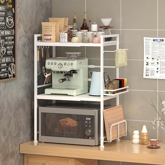 Expandable Microwave Stand Kitchen Countertop Organizer With Storage, White | Adjustable Microwave Oven Rack Metal Storage Shelf for Pans Small Appliances Kitchen Utensils Tableware, 3-Tier