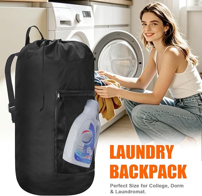 Laundry Bag Backpack Durable Laundry Bag with Shoulder Straps and Mesh Pockets Portable Laundry Hamper Dirty Clothes Bag for College, Travel, Laundromat, Apartment (Black)