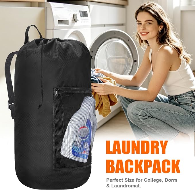 Laundry Bag Backpack Durable Laundry Bag with Shoulder Straps and Mesh Pockets Portable Laundry Hamper Dirty Clothes Bag for College, Travel, Laundromat, Apartment (Black)