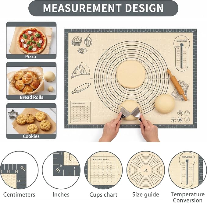 Silicone Baking Pastry Dough Mat - 26x16Inch Extra Large Cookie Bread Rolling Mats Sheet, Nonstick Kitchen Counter Kneading Board,Thick Reusable Pie Cookies Pizza Fondant Making Matt Measurement(Gray)