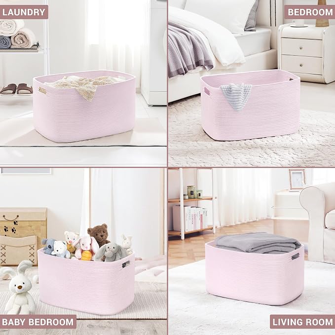 60L Woven Laundry Basket Hamper with Handles, Pink | collapsible wicker hamper, storage for dirty clothes, toys, blankets, gifts, living room, bedroom, bathroom, 21"x15"x11"