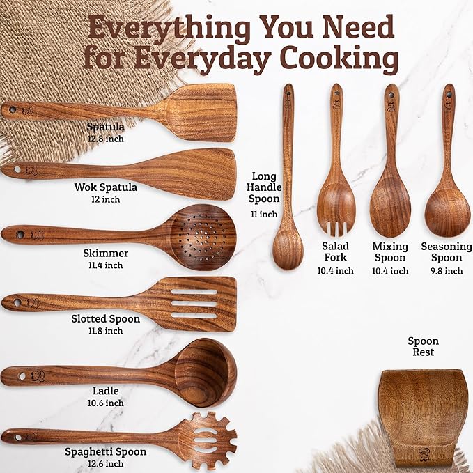 PriorityChef Wooden Spoons for Cooking, Premium 10pc Teak Wood Utensil Set with Hanging Hooks and Spoon Rest