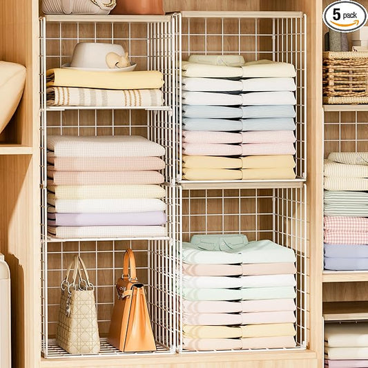 6 Tier Taller Closet Organizers and Storage, Stackable Closet Shelf Organizer with 2 Dividers for Clothes Towels Toys, Rv, Double Storage Design, Clothing Storage Basket for Wardrobe, White ﻿