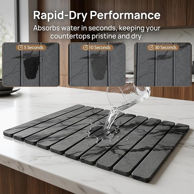 Large Stone Dish Drying Mat for Kitchen Counter, Quick Dry Stones Dishes Mats, Foldable Water Absorbing Diatomaceous Earth Drying Pad for Plate Rack Bottles Utensils (Dark Gray 24"×16" & 8"x4")