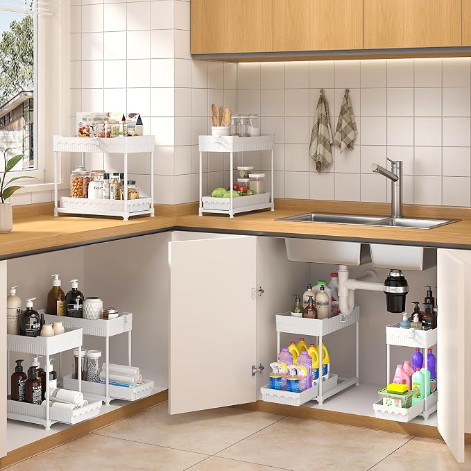 Sevenblue Under Sink Organizer, Bathroom Organizers and Storage, 2 Tier Multi-Use Pull Out Cabinet Organizer with Hang Hooks and Cups (White, 14.8 Inch)