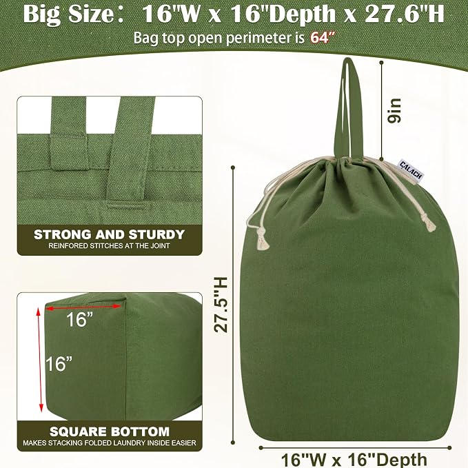 Canvas Laundry Bags with Handles & Square Base 16"Wx16"D x27.6"H, ArmyGreen | Extra Large Heavy Duty Laundry Basket Hamper Liner, Washable Drawstring Dirty Clothes Bag Canvas Storage Sack