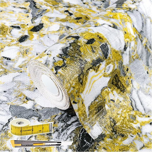 Drawer and Shelf Liner - Yellow Black Marble Pattern,Non Adhesive Non Slip Waterproof Easy-Clean Liner for Kitchen Cabinet, Refrigerator, Bathroom, Pantry Storage Drawers, 12 in x 20 Ft