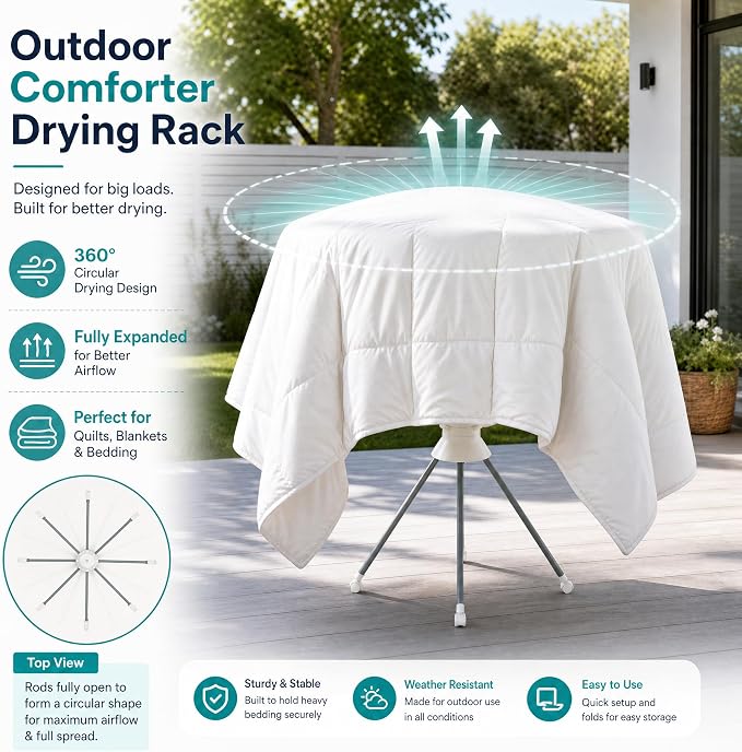 Clothes Drying Rack Foldable with Rolling Wheels, Portable Laundry Drying Rack with 16 Aluminum Arms, Stable 4-Leg Base, 360° Rotating Design for Indoor Outdoor (Double-tier without shoe rack)