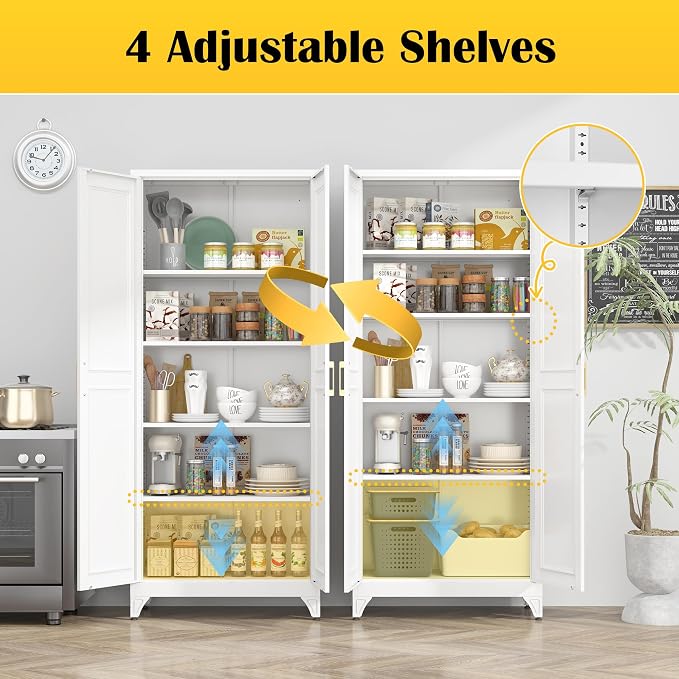 SteeLoong 75”Metal Pantry Storage Cabinet with Doors & 4 Adjustable Shelves | Kitchen Pantry Cabinet,White Kitchen Cabinet with 2 Gold Handles,Tall Cabinet for Livingroom,Pantry, Bathroom,Kitchen,Garage