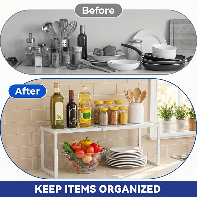 Expandable Cabinet Shelf Organizer, Stackable Kitchen Countertop Storage Shelves, Heavy Duty Adjustable Pantry Organizer Rack for Cabinet, Cupboard, Under Sink & Spice Storage