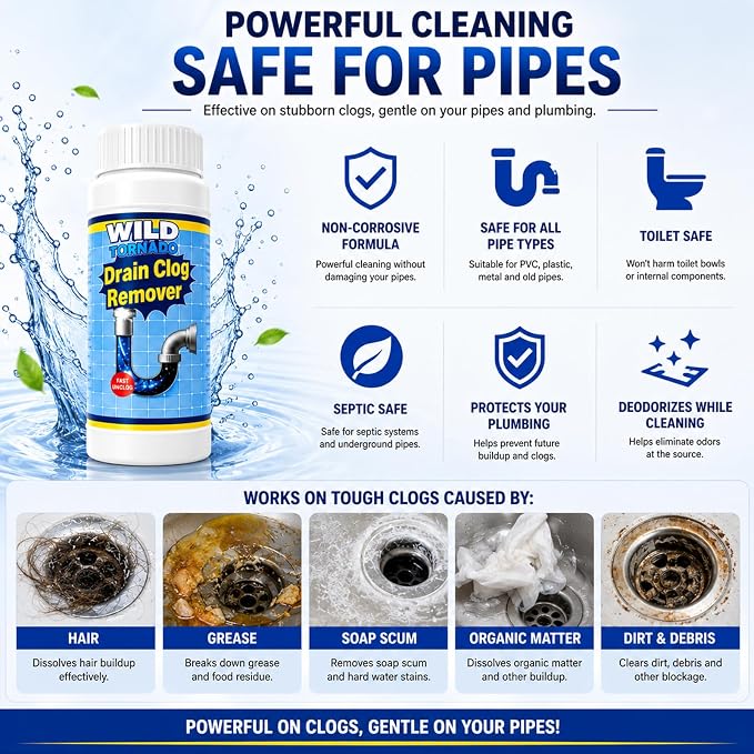 Drain Clog Remover 4 Pack, Sink Drain Cleaner Fast Foaming, Clogged Drai Remover Rapidly by Dissolve Impurities, Quick Cleaning Tool for for Pipes & Toilet, Kitchen Sinks, Bathroom Showers（480g）