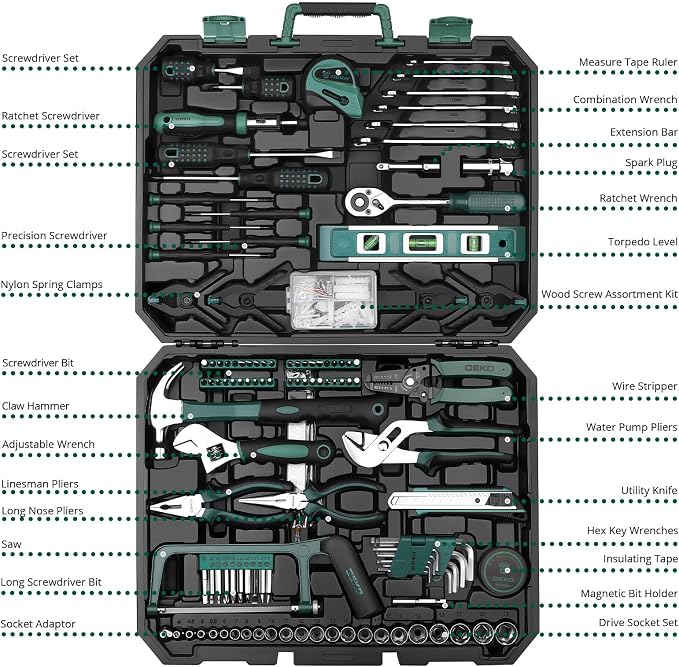 DEKOPRO Tool Set: 228 Piece Home Tool Kit, Household Basic Repair Tool Set Comes with Storage ToolBox, Socket Wrench Set for Car, Hand Tool Box Set for Home - Green