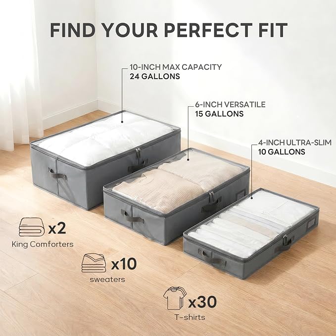 10" High Capacity Under Bed Storage Bins (2-Pack, Grey), Deep 600D Heavy Duty Oxford Fabric Storage Box for King Size Comforters, Pillows & Large Blankets