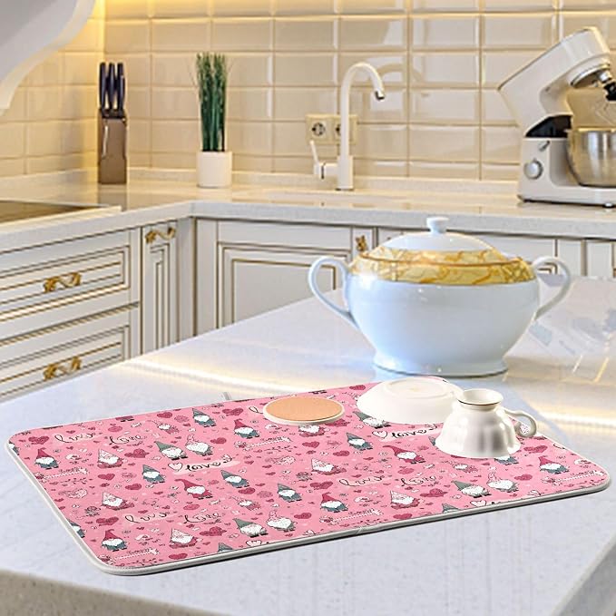 Happy Valentine’s Day Pink Dish Drying Mat for Kitchen Countertop 16x18 Love Gnomes Love Heart Gift Small Drying Mat Reusable Quick Dry Dish Sink Mats Easy Clean Decorative Essentials