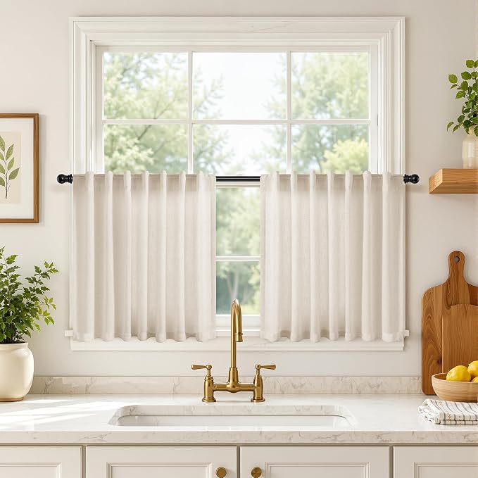 Hokibero Cream Linen Cafe Curtains 48 Inches Long for Kitchen 2 Panels | Light Filtering Semi Sheer Curtain, Back Tab Pocket Pleated Look, Short Drapes for Living Room Bedroom Window, Boho Farmhouse