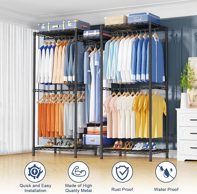 Ulif E12 Clothes Rack，Heavy Duty Freestanding Garment Rack with Shelves，Metal Clothing Closet Storage System for Hanging Clothes，57.1" W x 16" D x 76.5" H, Hold 860 lbs，Black