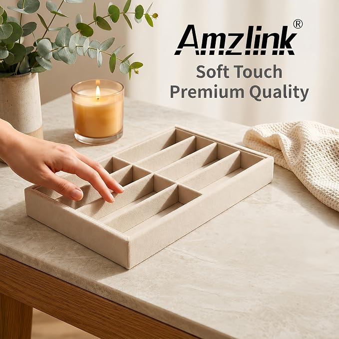 Amzlink® Sunglass Organizer Tray, 8 Slot Velvet Glasses Holder for Eyeglasses, Sunglasses, Jewelry & Watch Display, Men's/Women's Drawer Dresser Vanity Nightstand Storage, Beige