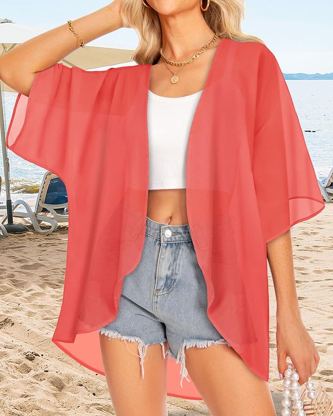 Women Kimono Cardigans Summer Cover Up Hawaiian Shirts Floral Print Tops | ROSEMIA chiffon kimono open front cardigans, beach cover ups, daily casual tops, cruise outfits, summer resort wear