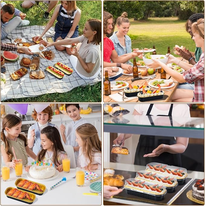 Husfunov 25 Pack Mini Cake Pans with Lids and Spoons, Small Aluminum Foil Loaf Pans, Rectangular Baking Containers for Party and Picnics, 6.8oz (Black/Gold)