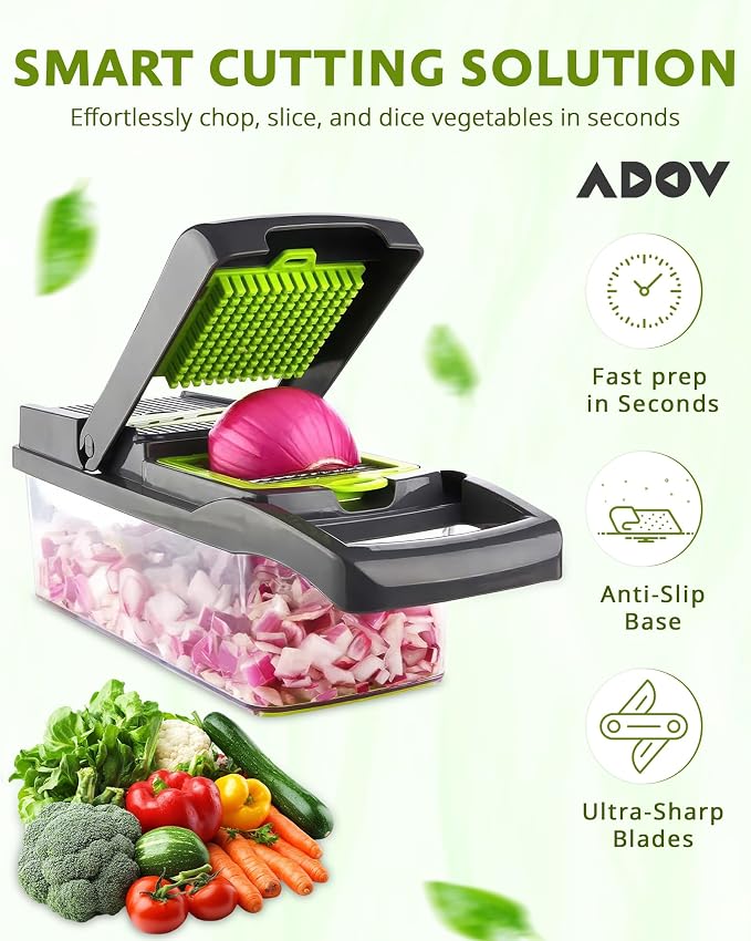 ADOV Mandoline Slicer for Kitchen, Vegetable Chopper with Container, 14 in 1 Multifunctional Food Chopper, 7 Blade Onion Cucumber Slicer Vegetable Cutter for Salad, Potato Essential Kitchen Gadgets
