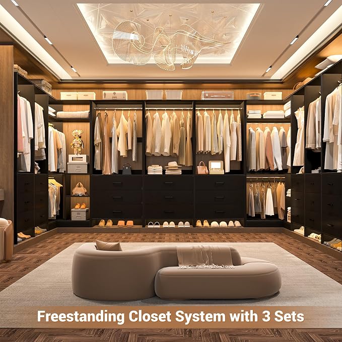 Aheaplus Closet System with 6 Drawers, 4 Hanging Rods & Corner Tower, Corner Closet System with Hanging,80.9" L-Shaped Walk-In Wardrobe Organizer, 2000+ lbs Capacity, Set of 3, Black