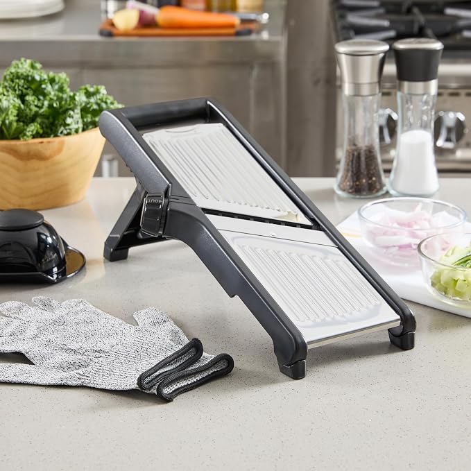 Restaurantware Stainless Steel Adjustable Mandoline Slicer - German Standard Vegetable Slicer with Blade Guard, Includes Cut-Resistant Gloves - Food Slicer for Potato, Onions, Cucumbers, Tomato