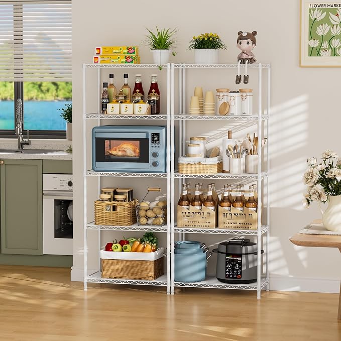 SINGAYE 5 Metal Shelves Wire Shelving Storage Shelf Adjustable Unit Pantry | 5 Tier Kitchen Laundry Room Organization Home Pantry Closet Bathroom Organizers Garage Rack 12" D x 22" W x 59" H White