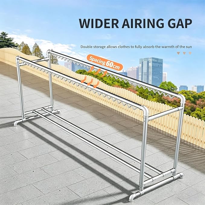 Heavy-Duty Stainless Steel Clothing Rack, Freestanding Drying Rack with Storage Shelves and Windproof Hooks, Multi-Purpose Garment Hanger Stand for Indoor and Outdoor Use.