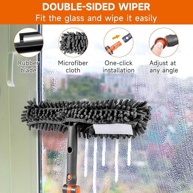 Chabatree 2-in-1 Window Squeegee Cleaner Set with 62" Extendable Pole, Window Cleaning Kit with Bendable Head for Indoor & Outdoor Glass, Professional High Window Cleaning Tool for Car & Home(Kit1.0