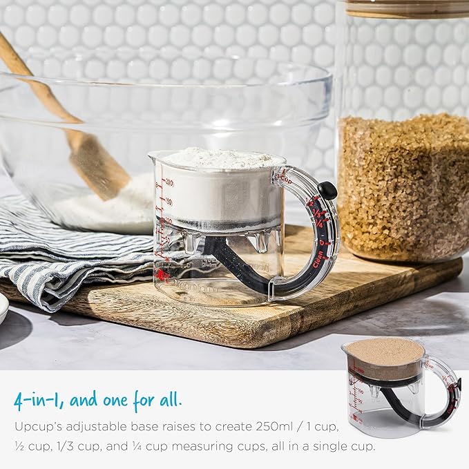 Dreamfarm Upcup All-in-1 Adjustable Measuring Cup, Metric & Imperial Measurements up to 1 Cup - Black/Clear | Measures dry and liquid ingredients and scrapes itself clean, easy-to-read metric and imperial measurements, microwave safe