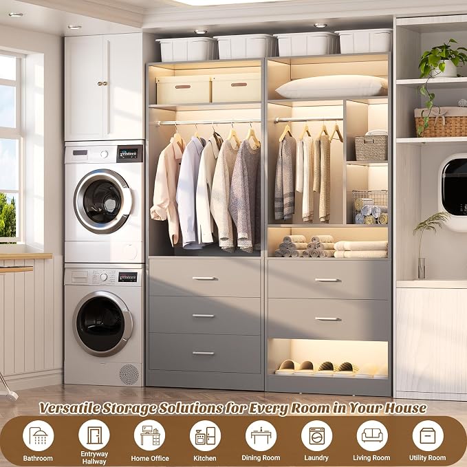 Besiost 4FT Closet Systems with 5 Wood Drawers, 48 Inch Closet Organizer System with 2 Hanging Rods & 7 Shelves, Heavy Duty 48" Walk-in Closet, Grey (48"L x 15" W x 80" H)