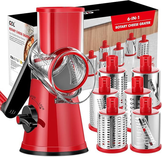 GDL Cheese Grater Hand Crank - Upgraded 6-in-1 Cheese Grater with Handle and Strong Suction Base, Multi-purpose Cheese Shredder Vegetable Slicer Ice Shaver for Potato, Vegetables, Nuts, Chocolate