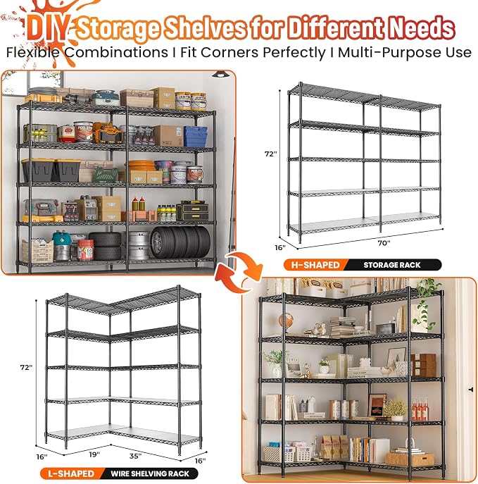 70" W Storage Shelves 1430 LBS Heavy Duty Wire Shelving, 5 Tier Adjustable Metal Garage Shelving, Pantry Kitchen Storage Rack with Liners, DIY L-Shaped Corner Shelf, 70" W x 16" D x 72" H