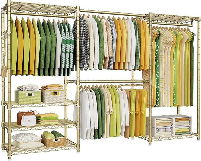 Ulif E1 Heavy Duty Closet Garment Rack, 6 Tiers Adjustable Metal Freestanding Expandable Clothing Storage with 4 Hanger Rods, Easy to Assemble Wardrobe, 71.4" H x (70" - 88.2") L x 14" D, Gold