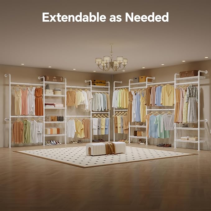 Higeego W4 Wall Mounted Closet System, Expandable Clothes Rack Heavy Duty Clothing Rack for Hanging Clothes, Industrial Pipe Closet Organizers for Reach in Closet, White