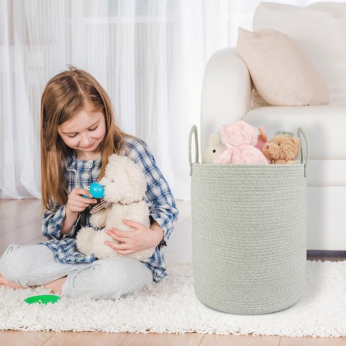 XUANGUO Cotton Rope Laundry Basket Hamper for Clothes, green | Woven Storage Basket for Living Room Bedroom Boho Tall Rope Baskets for Blanket Toys Pillow Towels Baby Nursery Hamper Bin