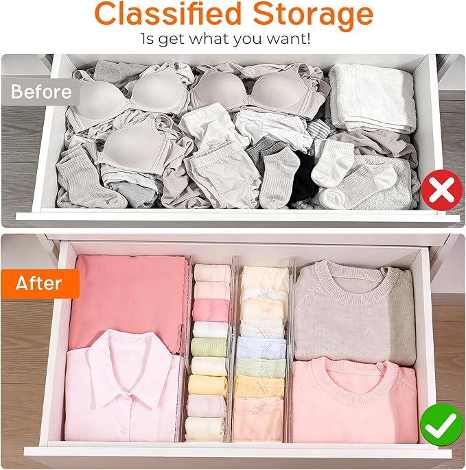 8 Pack 4" High Drawer Dividers for Clothes, 10.2"-16.5" Expandable Dresser Drawer Organizers, Adjustable Plastic Clear Drawer Separators for Kitchen, Baby Clothing, Socks, Underwear, Bedroom