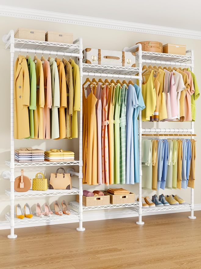 ULIFHOME M6 Clothes Rack for Wall Mounted, Heavy Duty Closet Wardrobe System with 8 Shelves and 4 Hanger Rods, 68.5" W x 11.8" D x 86.6" H Clothing Storage Organizer for Holding 1064lbs, White