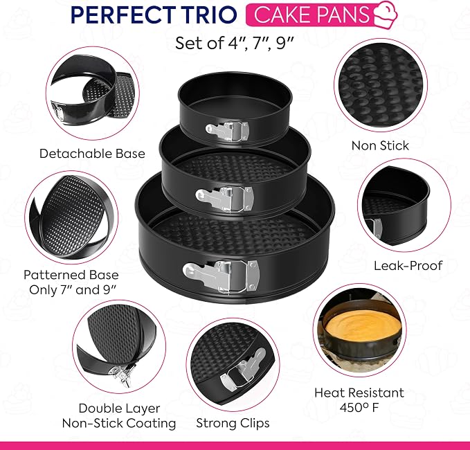 Riccle 148PCs Cake Pan Set for Baking, 3 Non-Stick Springform Pan Set (4, 7, 9 Inches), Cake Decorating Kit, Piping Bags and Tips Set, Cake Leveler, Multi-functional Leak-Proof CheeseCake Pan (148)
