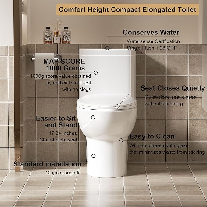 Dual Flush One Piece Toilets for Bathrooms, Compact White Toilet Elongated with Soft Closing Seat, Modern 12 Inch Rough in Toilet, 1.6 GPF & Map 1000g, Comfort Height, Silent Design (White+29.2H)