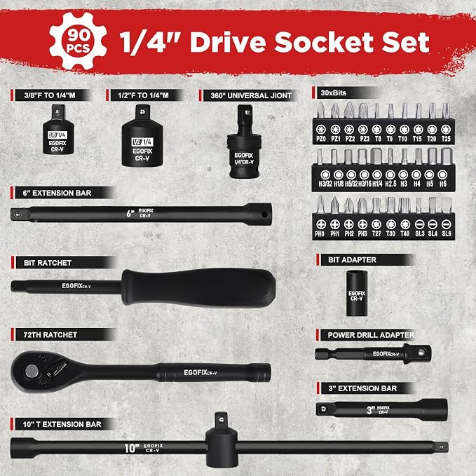 90PCS 1/4" Drive Impact Socket Set Metric 4-15mm and Standard SAE Size (5/32"-9/16"), with 72-Teeth Ratchet, Screwdriver Bit Set, Mechanics Tool Kit for Home Use and Automotive Repair