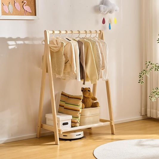 Kids Clothes Rack,Foldable Solid Wood Small Baby Clothes Rack with Bottom Storage Shelf,for Laundry Drying,Mini,Floor Standing,Portable(31.5" L)