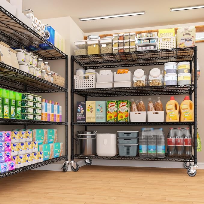 PrimeZone 3 Packs 55.5" W x 24" D x 80" H Heavy Duty Wire Storage Shelves with Wheels, 4 Tier Adjustable NSF Commercial Garage Shelving Unit, Rolling Metal Organizer Shelf Rack for Warehouse, Pantry