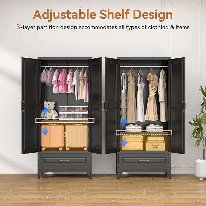 Polup Metal Armoire Wardrobe Closet with Drawer, 71“ Tall Wardrobe with Doors and Shelves, Metal Wardrobes Closet with Hanging Rod, for Bedroom, Garage, Laundry, Black