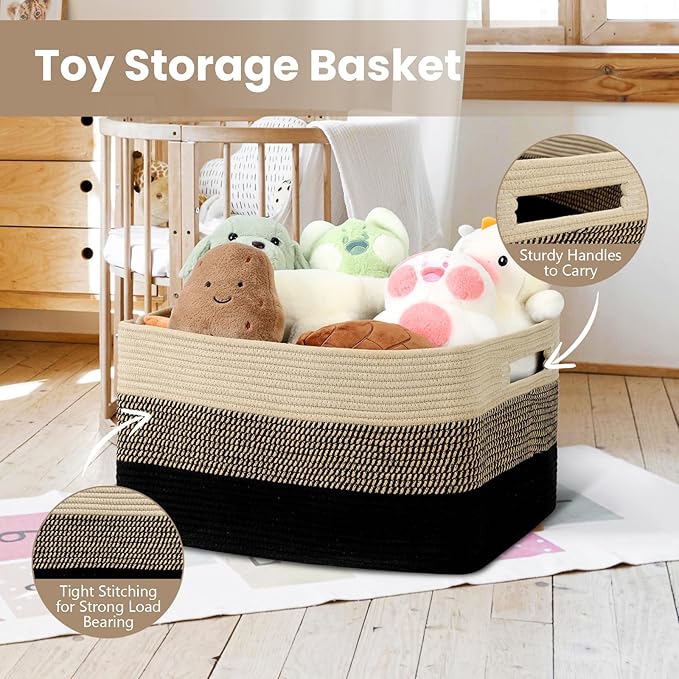 Optish 75L Large Blanket Basket, Woven Storage Baskets with Reinforced Handles, Rope Laundry Basket for Living Room, Bedroom, Nursery, Toys, Clothes, Pillows, 22” x 17” x 11.5”, Black & Brown