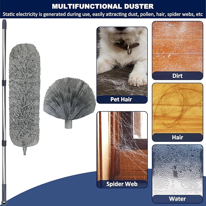 20 Ft+ High Reach Cobweb Dusting Kit with 3-14 Ft Extension Pole/Spider Web Brush & Ceiling Duster Microfiber Feather Duster with Washable Head for Cleaning Ceiling Fan, Furniture, Home