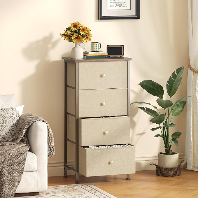Sweetcrispy Dresser for Bedroom, 4 Drawer Storage Cabinet, Tall Nightstand | Small Fabric Dresser for Closet, Chest of Drawers, Closet Organizer, Home Furniture, Sturdy Frame, Khaki
